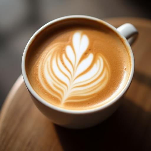 Une tasse de café latte avec un motif de feuille.