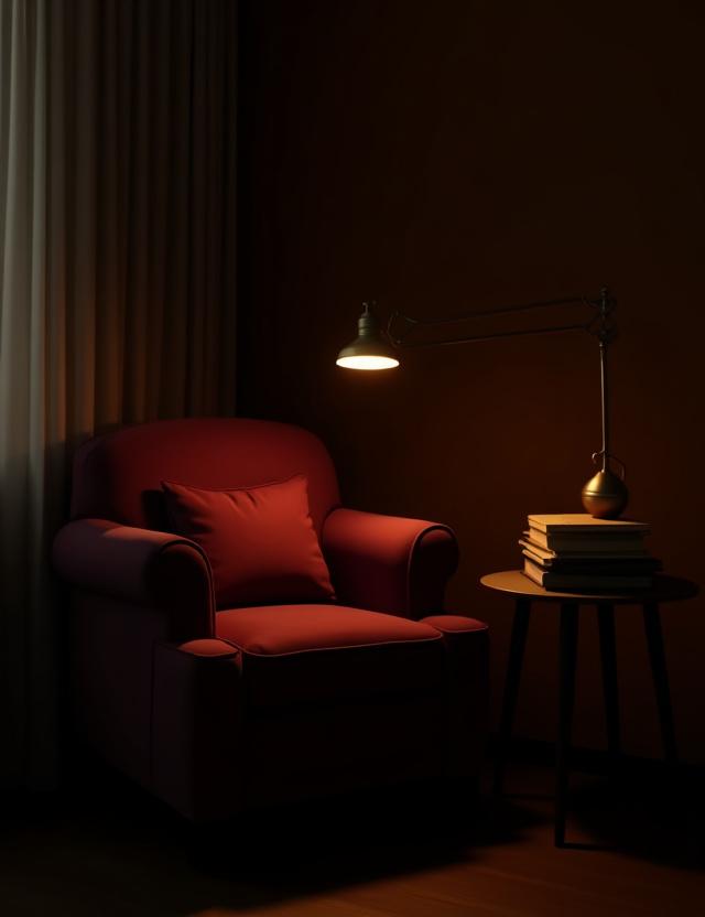 Coin lecture confortable avec un fauteuil en velours et une lampe de lecture.